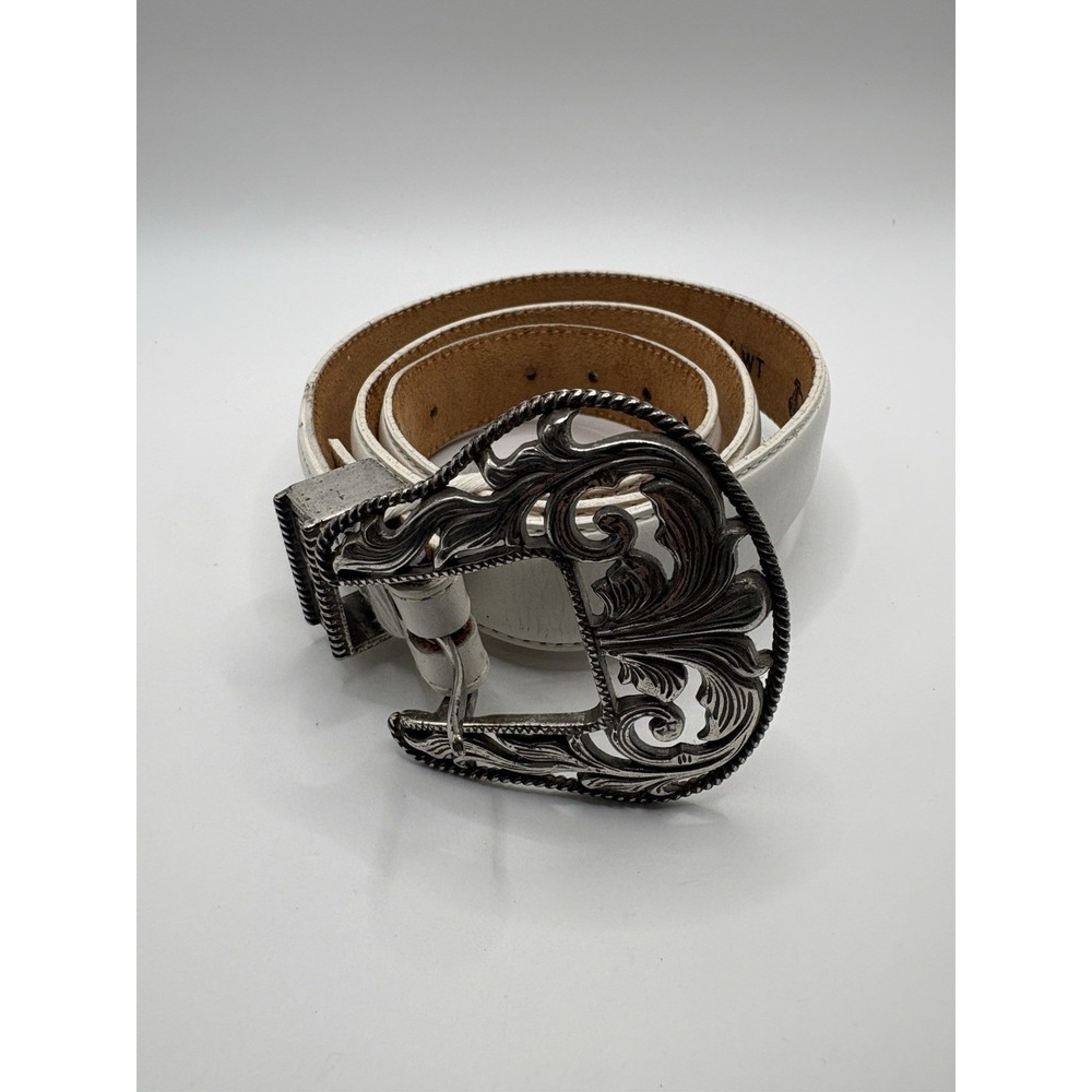 JUSTIN Western Top Grain Cowhide White Belt Womens Size 32 Preowned Metal Buckle